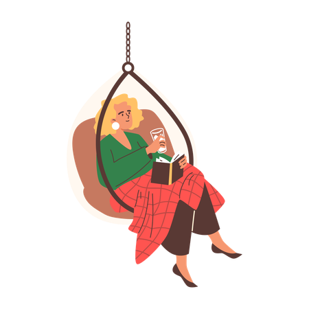 Menina descansando em cadeira suspensa em estilo moderno  Ilustração