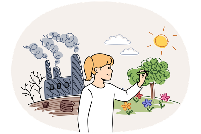 Menina desenha natureza ecologicamente correta perto de fábrica  Illustration
