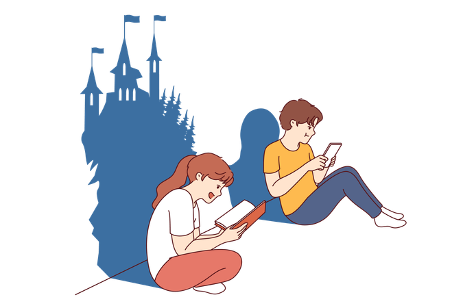 Menina desenvolve imaginação lendo livro e sentando-se perto de menino que sofre de dependência digital  Ilustração