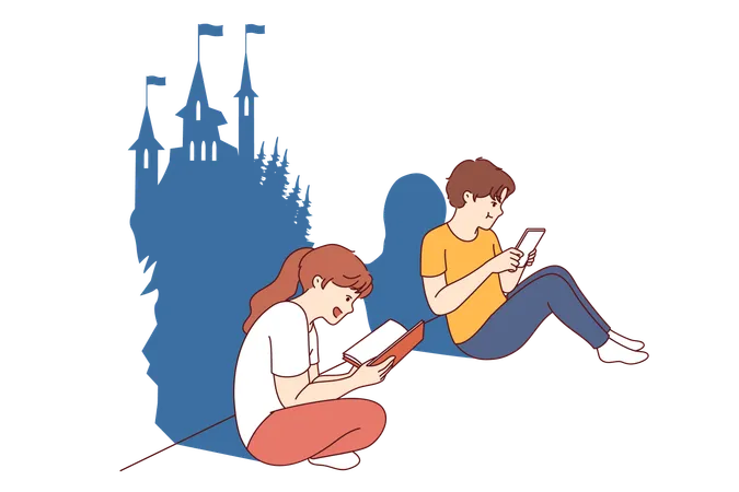 Menina desenvolve imaginação lendo livro e sentando-se perto de menino que sofre de dependência digital  Ilustração