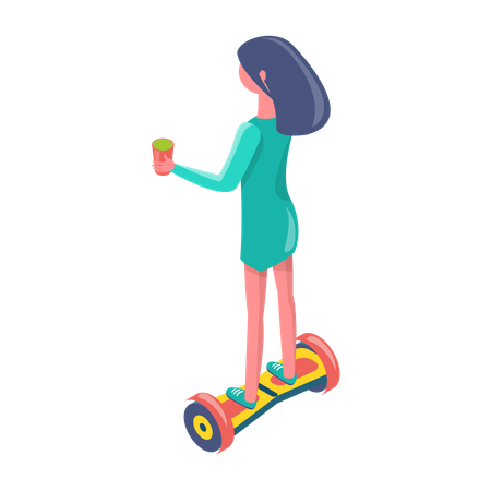 Garota aproveitando o passeio de scooter com equilíbrio automático  Ilustração