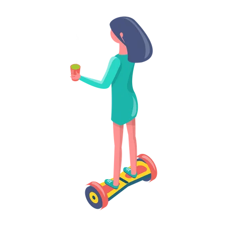 Garota aproveitando o passeio de scooter com equilíbrio automático  Ilustração