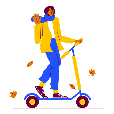 Garota dirigindo scooters elétricos no dia de outono  Ilustração