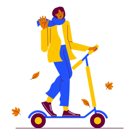 Garota dirigindo scooters elétricos no dia de outono  Ilustração