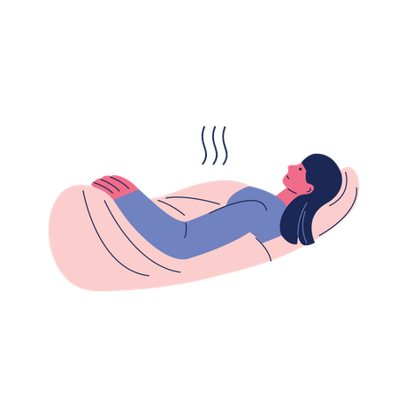 Menina doente e descansando na cama  Ilustração