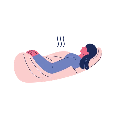 Menina doente e descansando na cama  Ilustração
