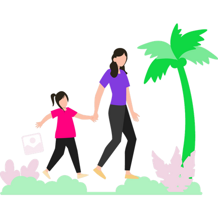 Menina e filha caminhando na praia  Ilustração