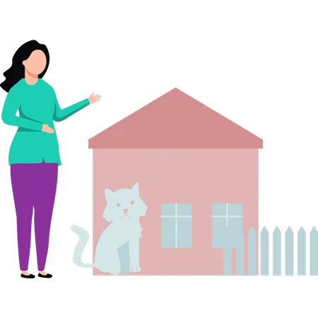 Menina e gato do lado de fora de casa  Ilustração