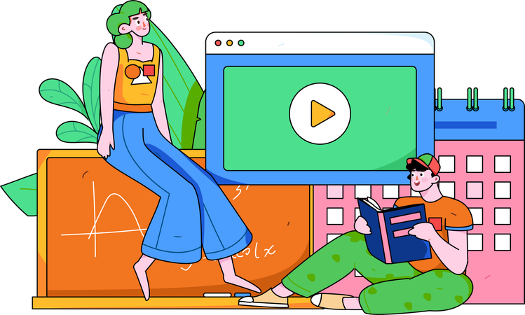 Menina e homem aprendendo com aula on-line  Ilustração