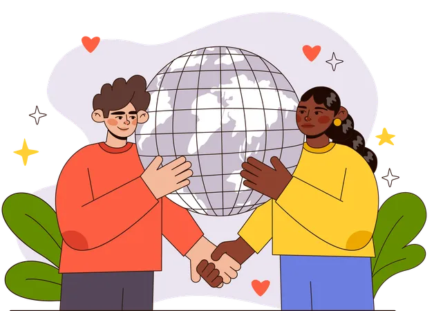 Menina e homem fazendo acordo global  Ilustração