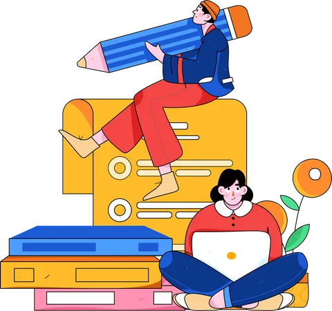 Menina e homem fazendo E-learning  Ilustração