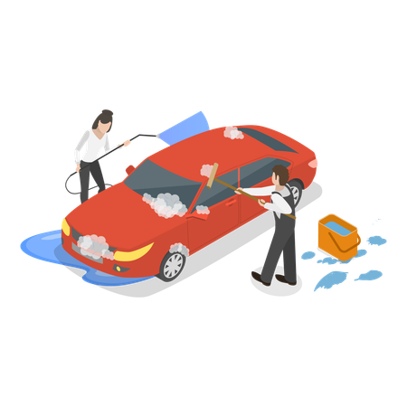 Menina e homem lavando carro  Ilustração