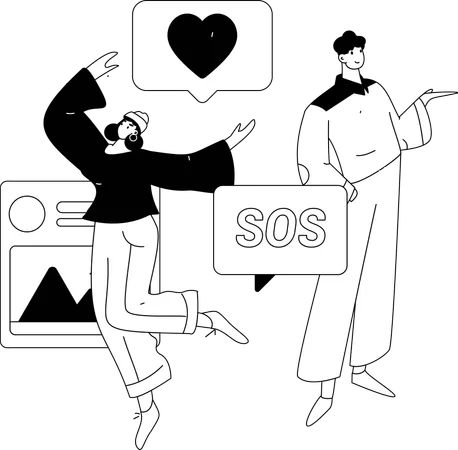 Menina e homem mostrando mensagem de sos  Ilustração