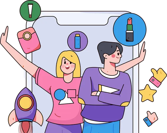 Menina e homem procurando revisão cosmética  Ilustração