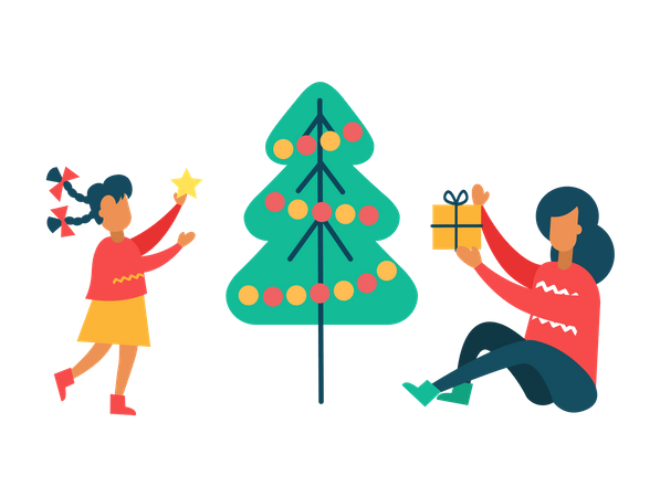 Menina e mãe decoram árvore de Natal e presente de Natal  Ilustração