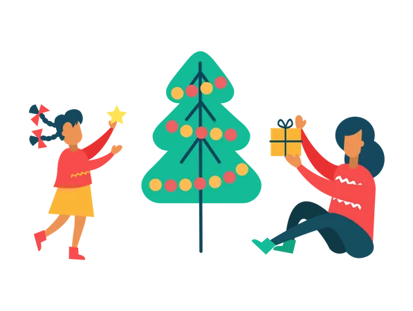 Menina e mãe decoram árvore de Natal e presente de Natal  Ilustração