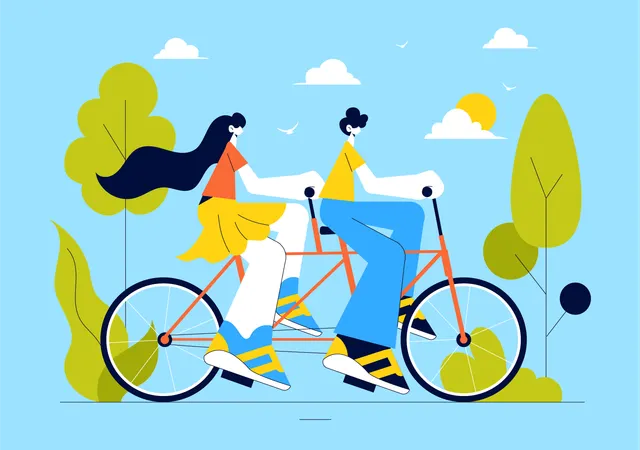 Menina e menino andando de bicicleta no Dia Mundial da Bicicleta  Ilustração