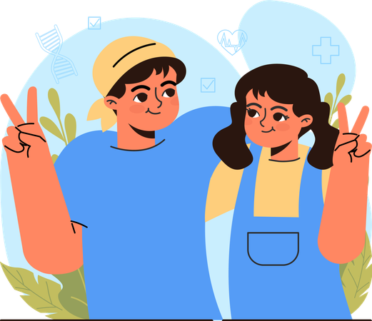Menina e menino apoiam-se mutuamente durante tratamento médico de doença oncológica  Ilustração