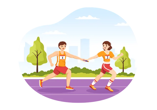 Menina e menino correndo em corrida de revezamento  Ilustração