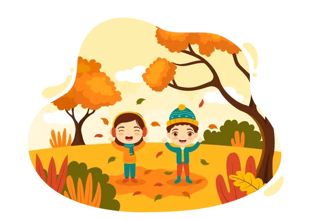 Menina e menino aproveitando a temporada de outono  Ilustração