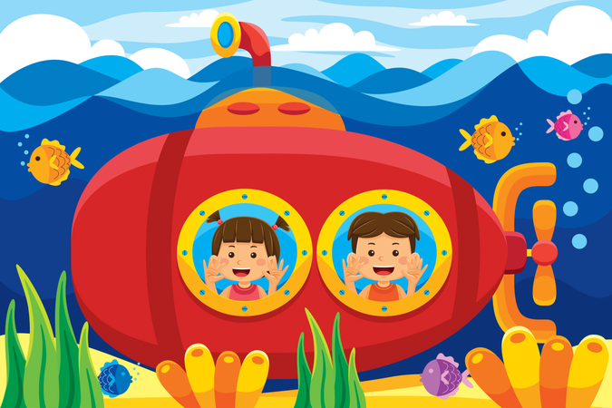Menina e menino aproveitando passeio de submarino  Ilustração