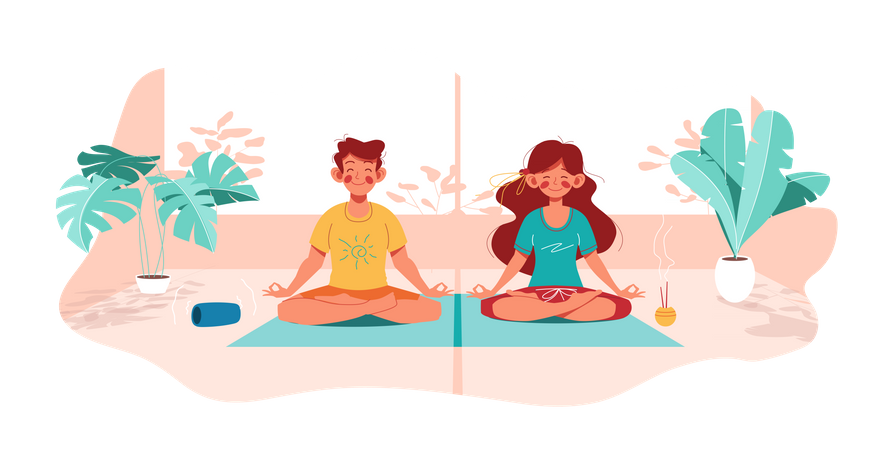 Menina e menino fazem ioga em pose de lótus  Ilustração
