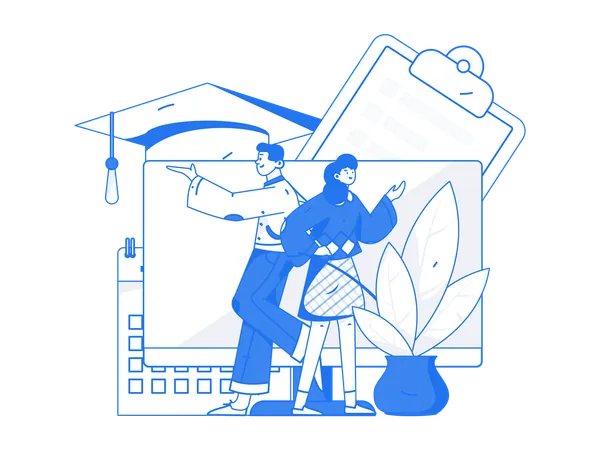 Menina e menino fazendo curso de graduação on-line  Ilustração