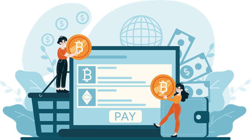 Menina e menino fazendo pagamento criptografado Ilustração
