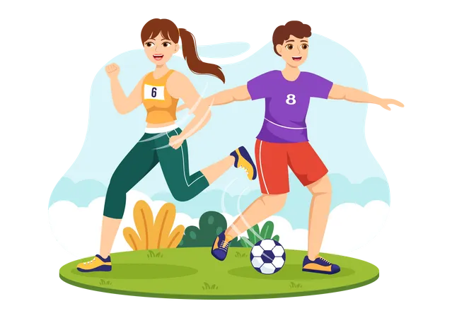 Menina e menino jogando futebol  Ilustração