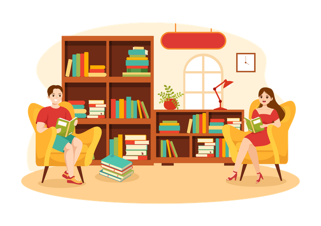 Menina e menino lendo livro na biblioteca  Ilustração