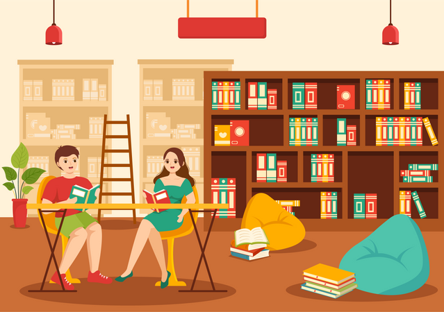 Menina e menino lendo livro na biblioteca  Ilustração