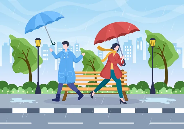 Menina e menino saindo na chuva  Ilustração