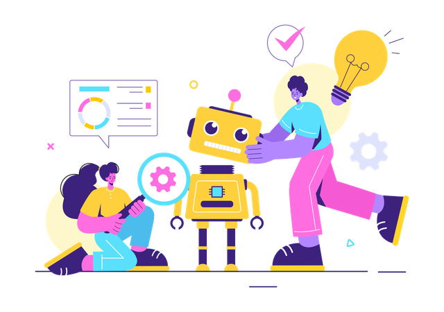 Menina e menino trabalhando em tecnologia robótica  Ilustração