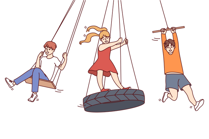 Menina e meninos desfrutando de balanços  Ilustração