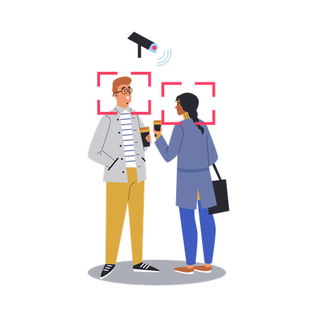Menina e um homem perto da câmera de CFTV  Ilustração