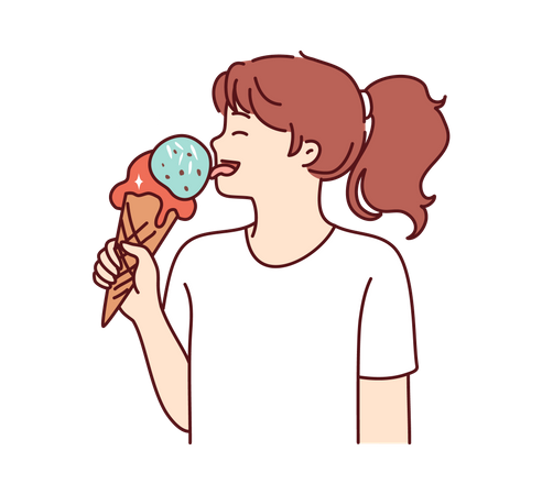 Menina em idade escolar lambe sorvete grande em casquinha de waffle  Ilustração