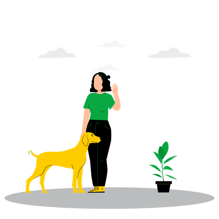 Menina em pé com animal de estimação  Ilustração
