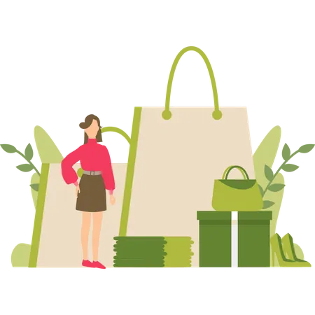 Menina em pé com sacolas de compras  Ilustração