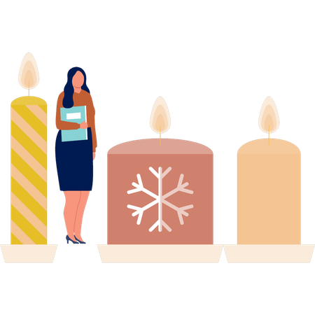 Menina parada perto de velas de natal  Ilustração