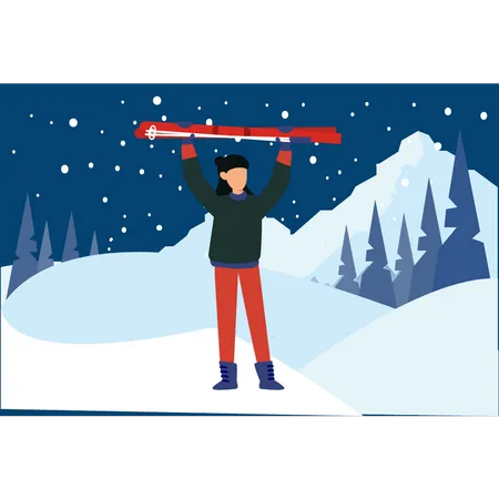 Menina Em Pe Segurando Bastoes De Esqui No Gelo Ilustração