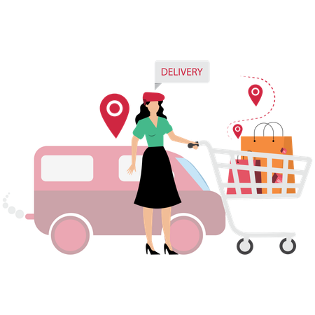 Menina empurrando o carrinho de compras  Ilustração