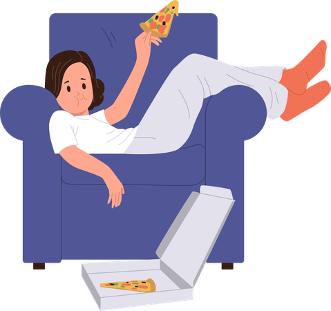 Engraçado menina preguiçosa comendo pizza junk food enquanto está deitada na poltrona  Ilustração