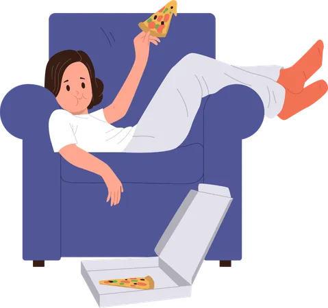 Engraçado menina preguiçosa comendo pizza junk food enquanto está deitada na poltrona  Ilustração