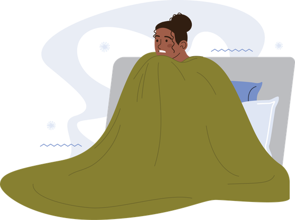 Menina enrolada em cobertor enquanto está sentada na cama  Ilustração