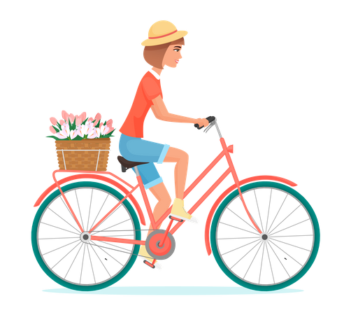 Menina entregando flores de bicicleta  Ilustração