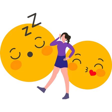 Garota enviando emojis dormindo  Ilustração