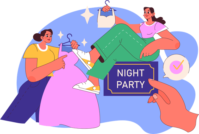 Garota escolhe roupas para festa noturna  Ilustração