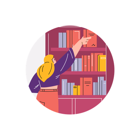 Menina escolhendo livro da estante  Ilustração