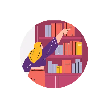 Menina escolhendo livro da estante  Ilustração