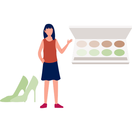 Menina está apontando para kit de maquiagem  Ilustração